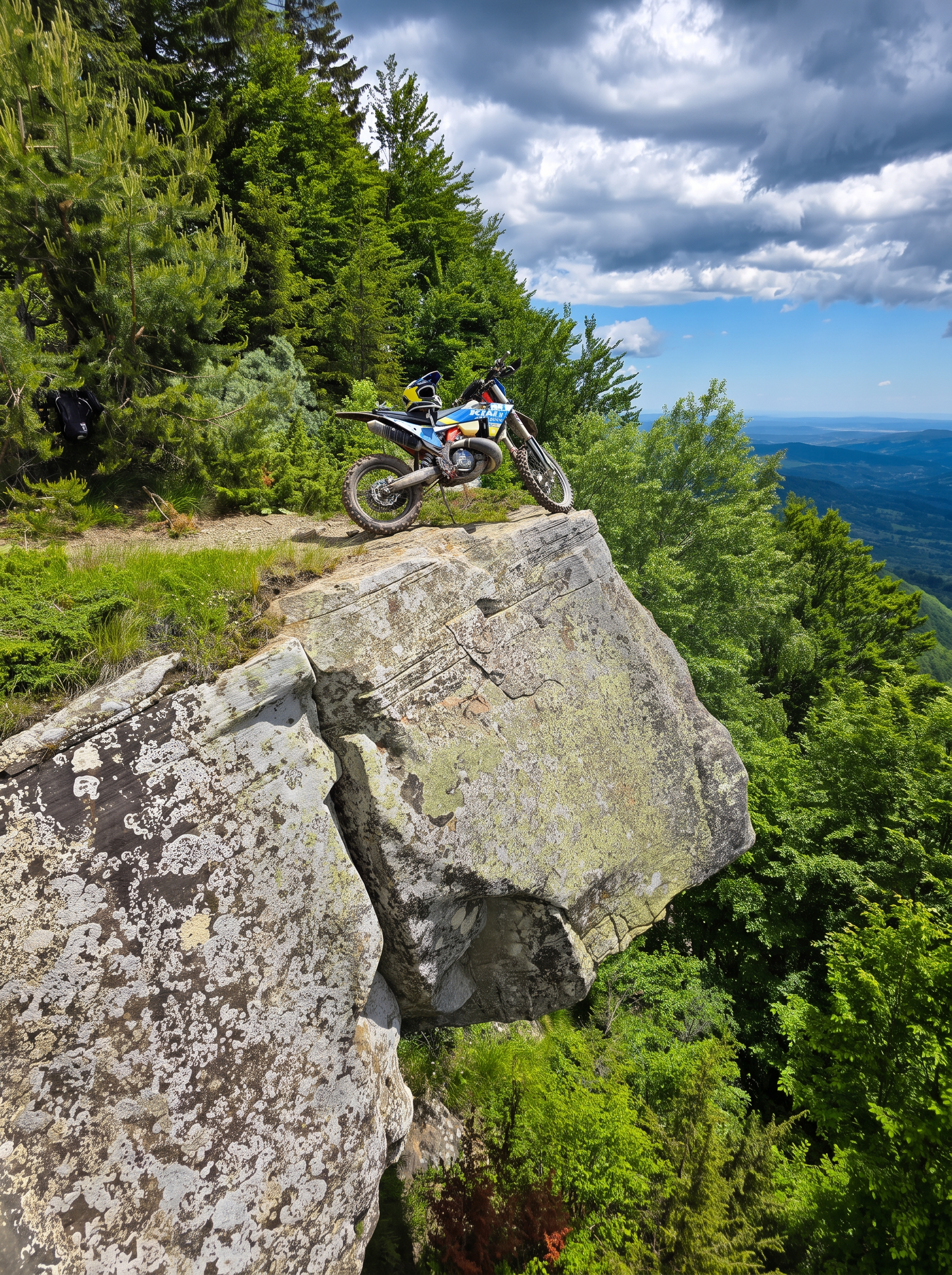 Motocicletă enduro pe munte, în mijlocul naturii